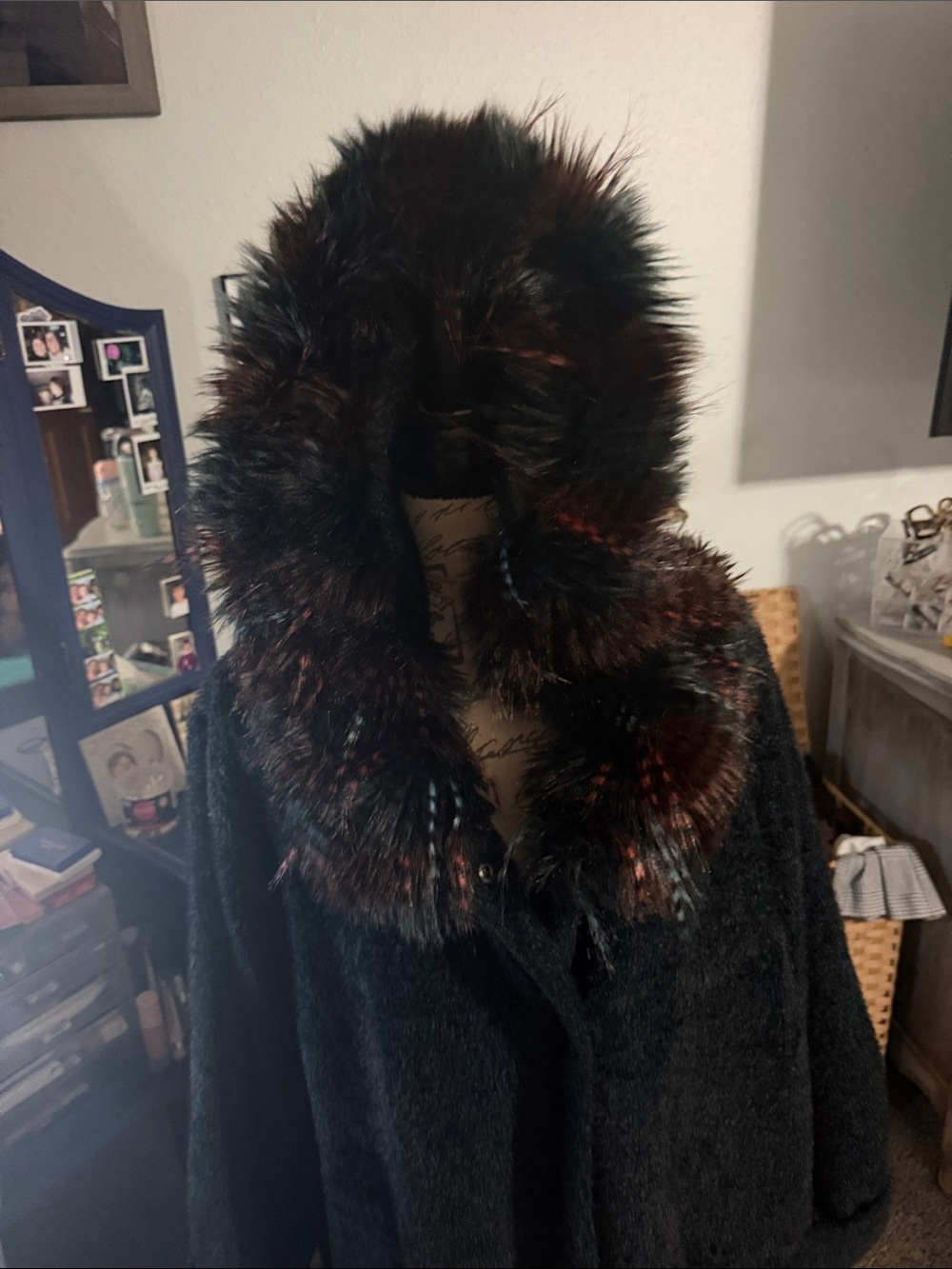 Forest Green Winter Coat with Colorful Faux Fur Collar - Picture 3 of 7